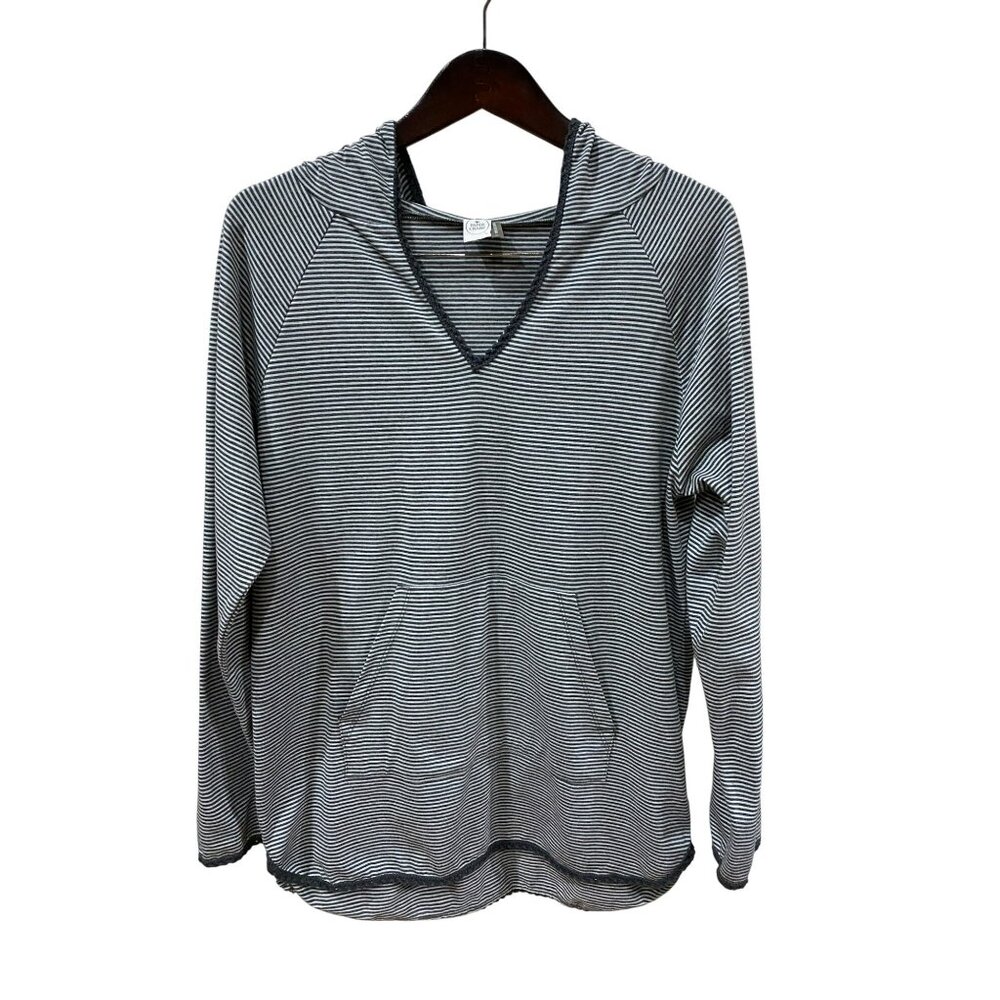 Paper Crane Womens Striped Hoodie V-Neck Long Sleeve Top Size L Cotton & Polyest